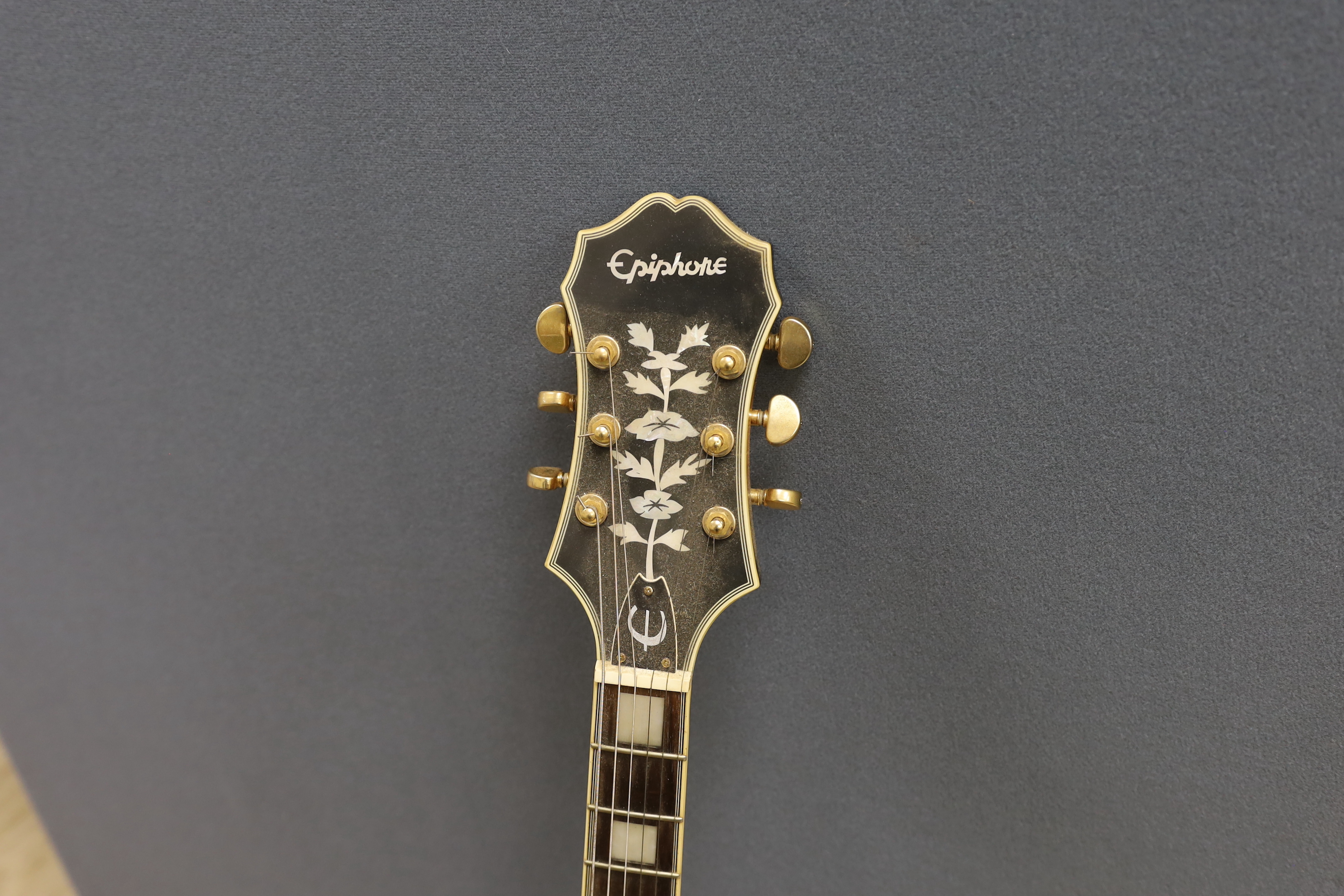 An Epiphone Joe Pass signature Emperor II guitar in hard case